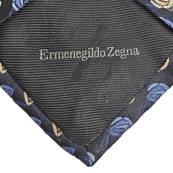 Ermenegildo Zegna Mens Neck Tie Silk Blue Gold Rose Pattern Italy Business - Picture 3 of 5
